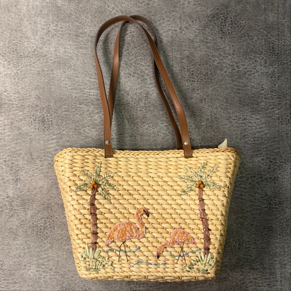 Vintage St. Johns Bay Straw Woven Flamingo Embellished Bag